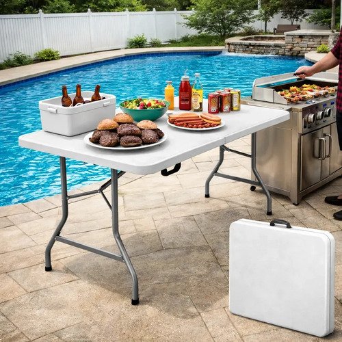 Mesa Dobrável Portátil 1,80m Vira Maleta Com Alça Camping Praia Festas Jardim Eventos Deep Tools + Book