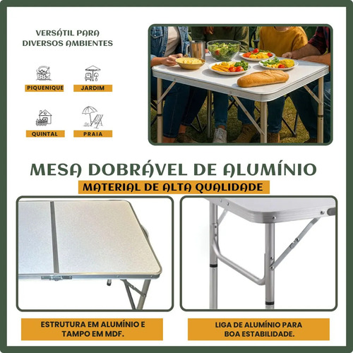 Mesa Dobrável Vira Maleta Alumínio Com Alça Portátil 90x60cm Para Camping Pesca Jardim Área Externa Ou Interna Salão De Festas Gourmet Cor Branco