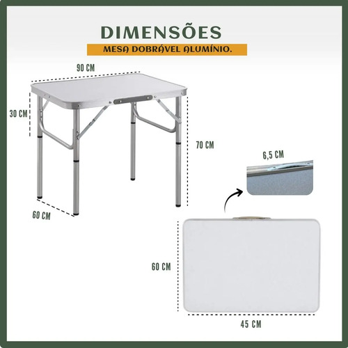 Mesa Dobrável Vira Maleta Alumínio Com Alça Portátil 90x60cm Para Camping Pesca Jardim Área Externa Ou Interna Salão De Festas Gourmet Cor Branco