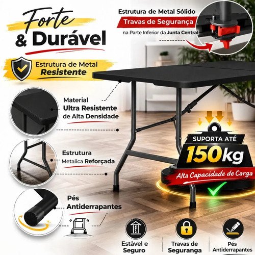 Mesa Dobrável Vira Maleta Com Alça Portátil 1.80m Para Camping Pesca Jardim Área Externa Ou Interna Salão De Festas Gourmet