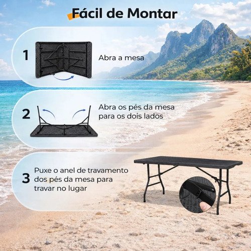 Mesa Dobrável Vira Maleta Com Alça Portátil 1.80m Para Camping Pesca Jardim Área Externa Ou Interna Salão De Festas Gourmet