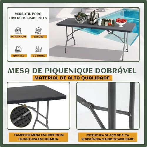 Mesa Dobrável Vira Maleta Com Alça Portátil 1.80m Para Camping Pesca Jardim Área Externa Ou Interna Salão De Festas Gourmet Cor Preto Luvinco