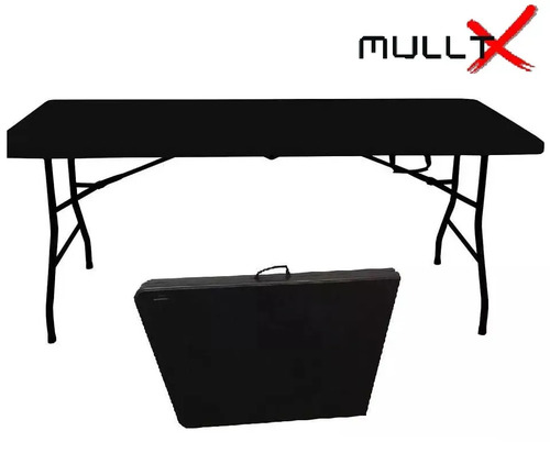Mesa Dobrável Vira Maleta Com Alça Portátil 1.80m Para Camping Pesca Jardim Área Externa Ou Interna Salão De Festas Gourmet Cor Preta Preto Marca MULLTX