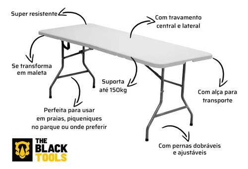 Mesa Dobrável Vira Maleta Com Alça Portátil 1.80m Para Camping Pesca Jardim Área Externa Tft1800 The Black Tools