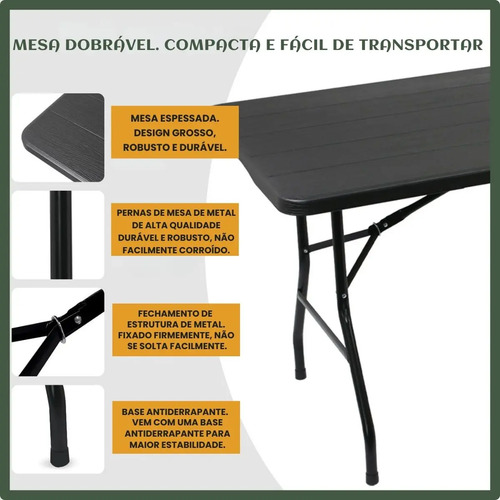 Mesa Dobrável Vira Maleta Com Alça Portátil 1.80m Para Camping Pesca Jardim Área Externa Ou Interna Salão De Festas Gourmet Cor Preto Luvinco
