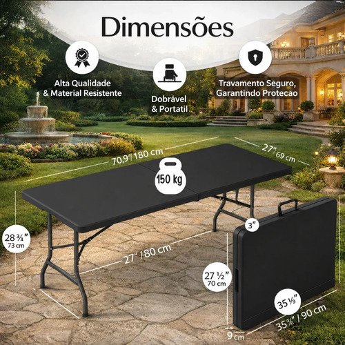 Mesa Dobrável Vira Maleta Com Alça Portátil 1.80m Para Camping Pesca Jardim Área Externa Ou Interna Salão De Festas Gourmet