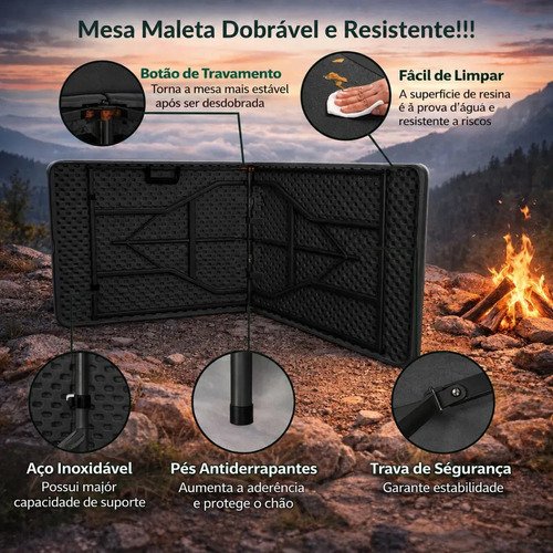 Mesa Dobrável Vira Maleta Com Alça Portátil 1.80m Para Camping Pesca Jardim Área Externa Ou Interna Salão De Festas Gourmet