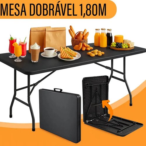 Mesa dobravel yab 180x70cm preta tipo maleta plastica dobrav