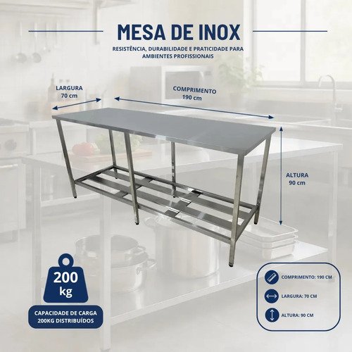 Mesa Inox Industrial Nortinox 190cm X 70cm X 90cm