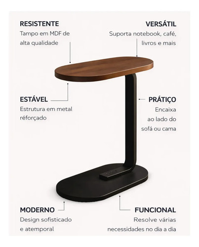 Mesa Lateral Sofá Cama Portátil Madeira Aço Apoio Canto Decorativa Sala Quarto Minimalista Moderna Multiuso Cor Marrom Revolux