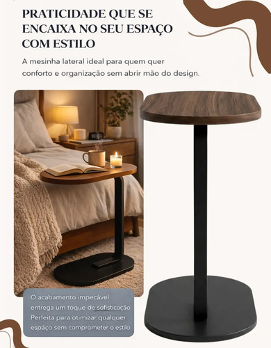 Mesa Lateral Sofá Cama Portátil Madeira Aço Apoio Canto Decorativa Sala Quarto Minimalista Moderna Multiuso Cor Marrom Revolux