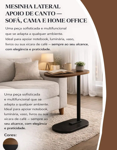 Mesa Lateral Sofá Cama Portátil Madeira Aço Apoio Canto Decorativa Sala Quarto Minimalista Moderna Multiuso Cor Marrom Revolux
