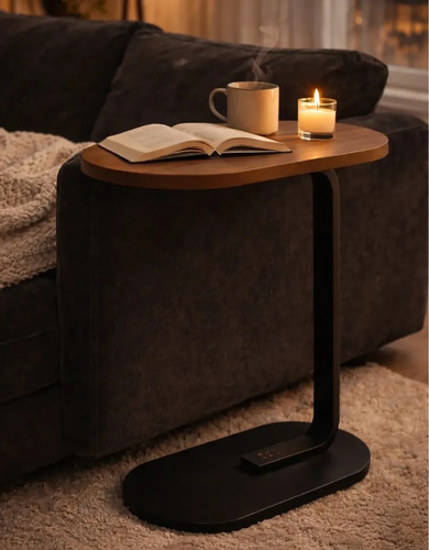 Mesa Lateral Sofá Cama Portátil Madeira Aço Apoio Canto Decorativa Sala Quarto Minimalista Moderna Multiuso Cor Marrom Revolux
