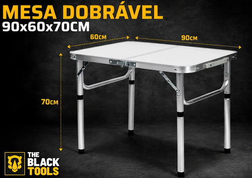 Mesa Pequena Dobrável Camping Alumínio 90x60cm Vira Maleta Branco The Black Tools