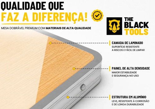 Mesa Pequena Dobrável Camping Alumínio 90x60cm Vira Maleta Branco The Black Tools