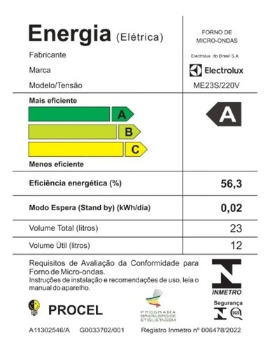 Micro-ondas ME23S 23L Efficient Com Descongelamento Assistido Cor Inox Electrolux