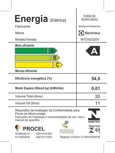 Micro-ondas MTO30 20L Com Função Tira Odor e Descongelar Cor Branco Electrolux