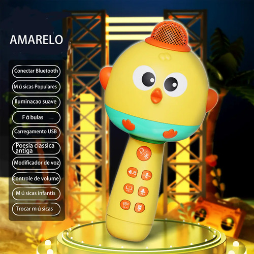 Microfone Bluetooth Infantil Para Contar Histórias E Música Com Luz - Amarelo