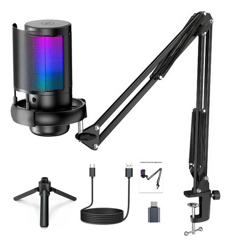 Microfone condensador usb cardioide rgb para gravacao e jogo