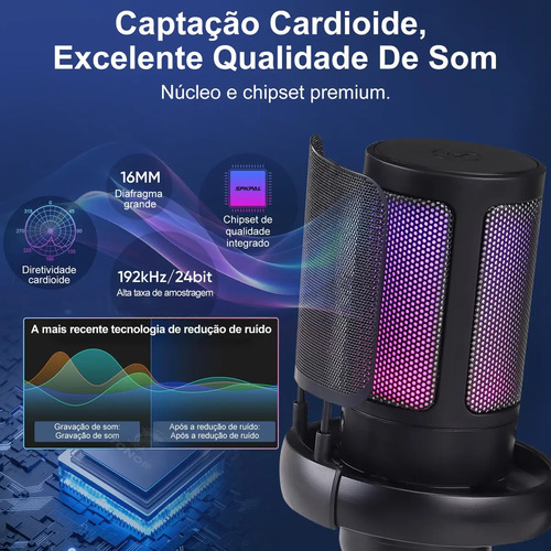 Microfone Condensador USB Cardioide RGB para Gravação e Jogos Preto