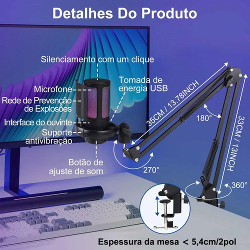Microfone Condensador USB Cardioide RGB para Gravação e Jogos Preto
