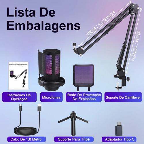 Microfone Condensador USB Cardioide RGB para Gravação e Jogos Preto