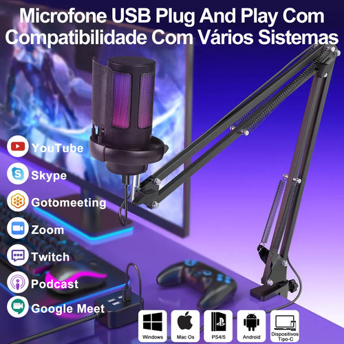 Microfone Condensador USB Cardioide RGB para Gravação e Jogos Preto