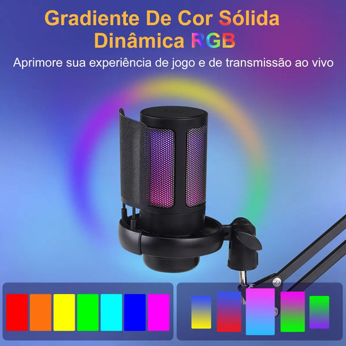 Microfone Condensador USB Cardioide RGB para Gravação e Jogos Preto