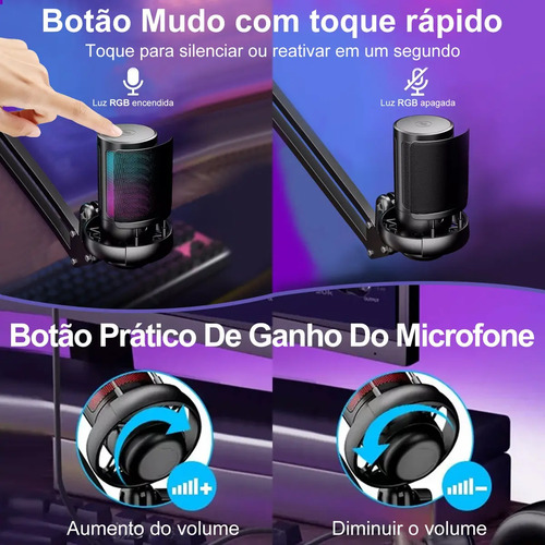 Microfone Condensador USB Cardioide RGB para Gravação e Jogos Preto