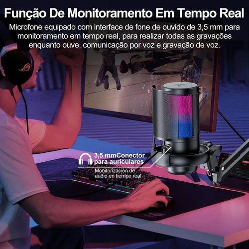 Microfone Condensador USB Cardioide RGB para Gravação e Jogos Preto