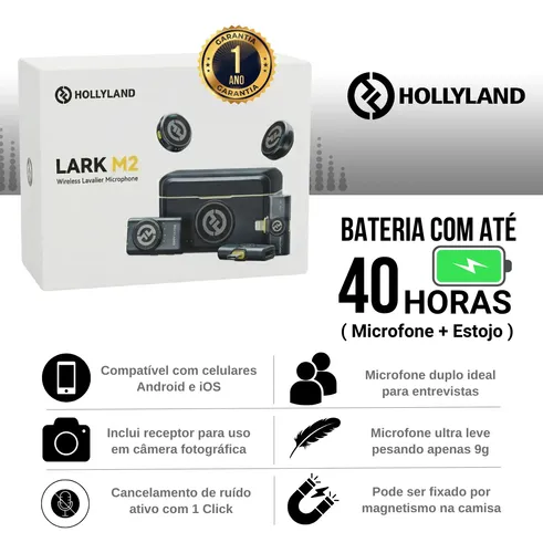 Microfone Lapela Duplo Hollyland Lark M2 Combo Usb C Câmera