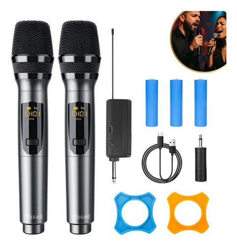 Microfone sem fio duplo uhf profissional preto recarregavel