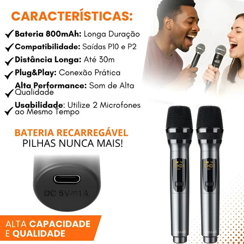 Microfone Sem Fio Duplo UHF Profissional Preto Recarregável Led Karaokê Palestras Shows Igrejas Apresentações Mzcell