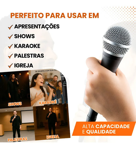 Microfone Sem Fio Duplo UHF Profissional Preto Recarregável Led Karaokê Palestras Shows Igrejas Apresentações Mzcell