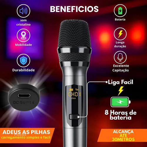 Microfone Sem Fio Duplo UHF Profissional Preto Recarregável Led Karaokê Palestras Shows Igrejas Apresentações Mzcell