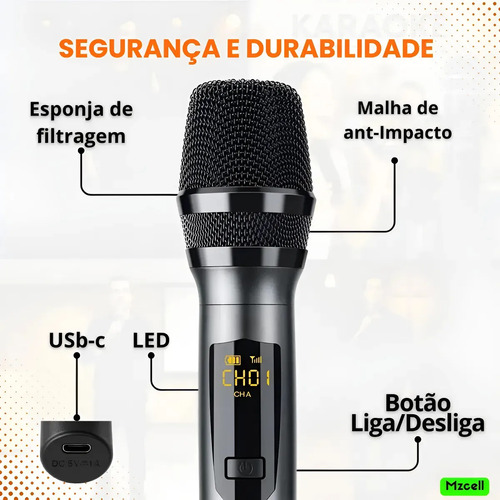 Microfone Sem Fio Duplo UHF Profissional Preto Recarregável Led Karaokê Palestras Shows Igrejas Apresentações Mzcell