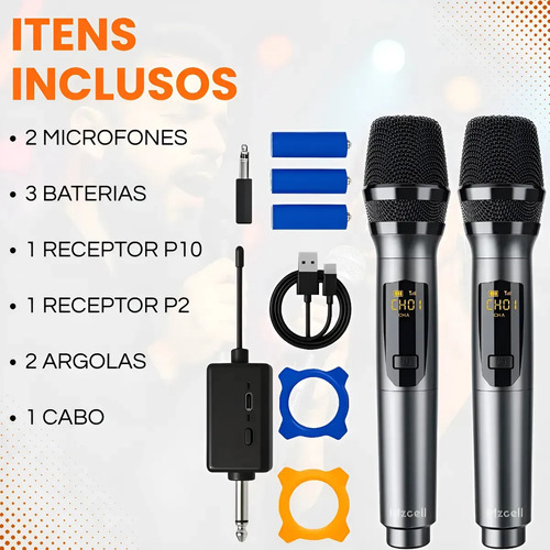 Microfone Sem Fio Duplo UHF Profissional Preto Recarregável Led Karaokê Palestras Shows Igrejas Apresentações Mzcell