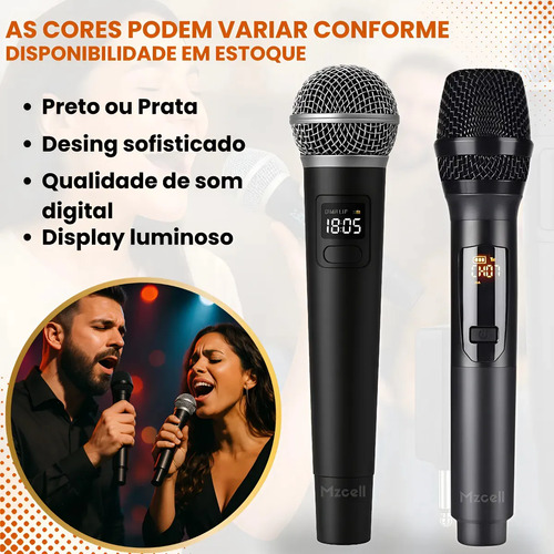 Microfone Sem Fio Duplo UHF Profissional Preto Recarregável Led Karaokê Palestras Shows Igrejas Apresentações Mzcell