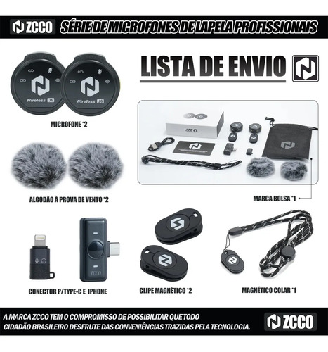 Microfone Sem Fio Zcco J6 Duplo Lapela Anti Ruido 2interface Preto