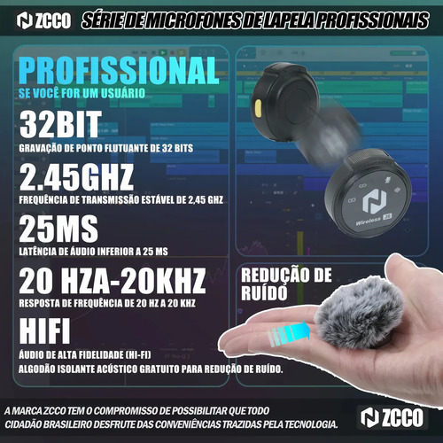 Microfone Sem Fio Zcco J6 Duplo Lapela Anti Ruido 2interface Preto