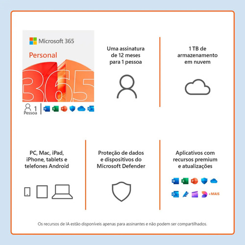 Microsoft Office 365 Personal Licença 12 Meses Mídia Física 1 Usuário