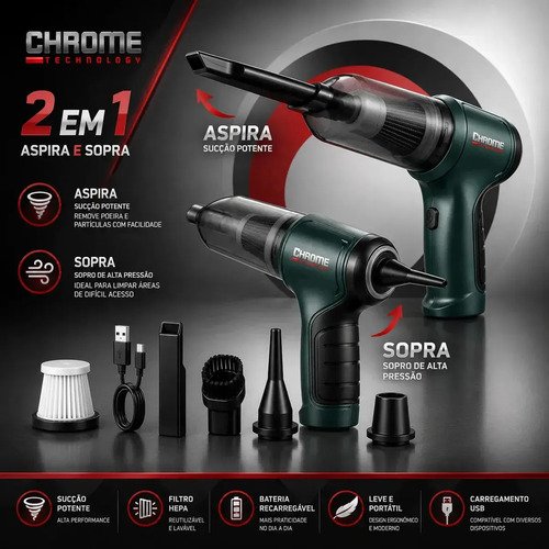 Mini Aspirador De Pó Portátil Recarregável Chrome Technology Soprador Usb Automotivo 3em1 Sem Fio Premium Vácuo Limpeza Carro Multifuncional Casa