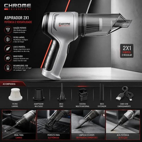 Mini Aspirador De Pó Portátil Recarregável Chrome Technology Soprador Usb Automotivo 3em1 Sem Fio Premium Vácuo Limpeza Carro Multifuncional Casa