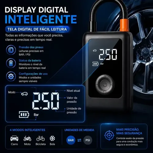 Mini Compressor Ar Calibrador Encher Pneu Portátil Digital