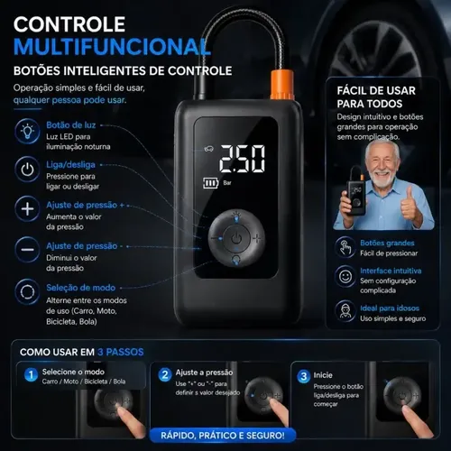 Mini Compressor Ar Calibrador Encher Pneu Portátil Digital