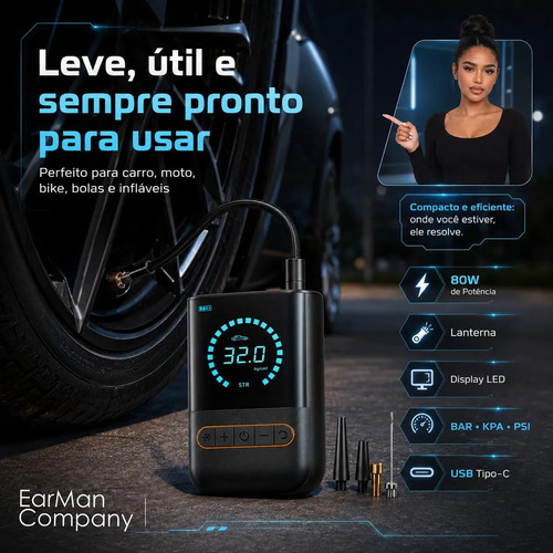 Mini Compressor De Ar Digital Para Pneus Carro Moto Bike 150psi Recarregável 4000mah