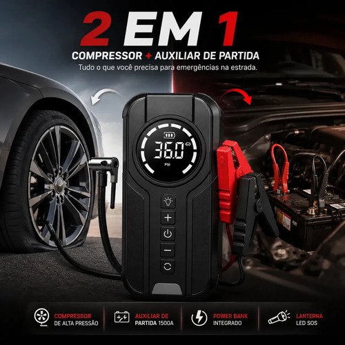 Mini Compressor De Ar Portátil 150 PSI Com Auxiliar De Partida 1500A Inflador Digital Sem Fio Power Bank Lanterna LED Para Carro Moto Bicicleta Bola Emergência Recarregável MidiaFone