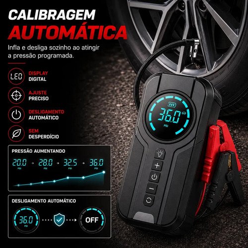 Mini Compressor De Ar Portátil 150 PSI Com Auxiliar De Partida 1500A Inflador Digital Sem Fio Power Bank Lanterna LED Para Carro Moto Bicicleta Bola Emergência Recarregável MidiaFone