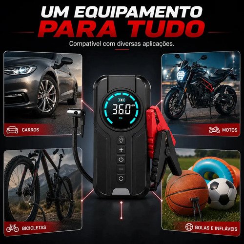 Mini Compressor De Ar Portátil 150 PSI Com Auxiliar De Partida 1500A Inflador Digital Sem Fio Power Bank Lanterna LED Para Carro Moto Bicicleta Bola Emergência Recarregável MidiaFone
