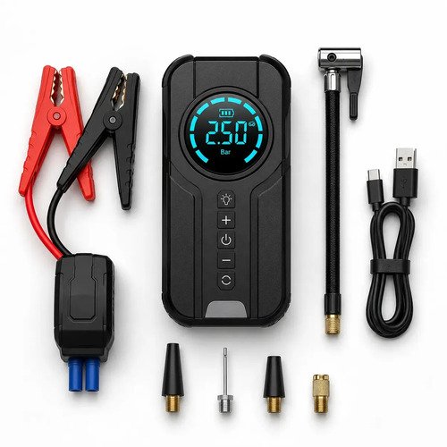 Mini Compressor De Ar Portátil 150 PSI Com Auxiliar De Partida 1500A Inflador Digital Sem Fio Power Bank Lanterna LED Para Carro Moto Bicicleta Bola Emergência Recarregável MidiaFone
